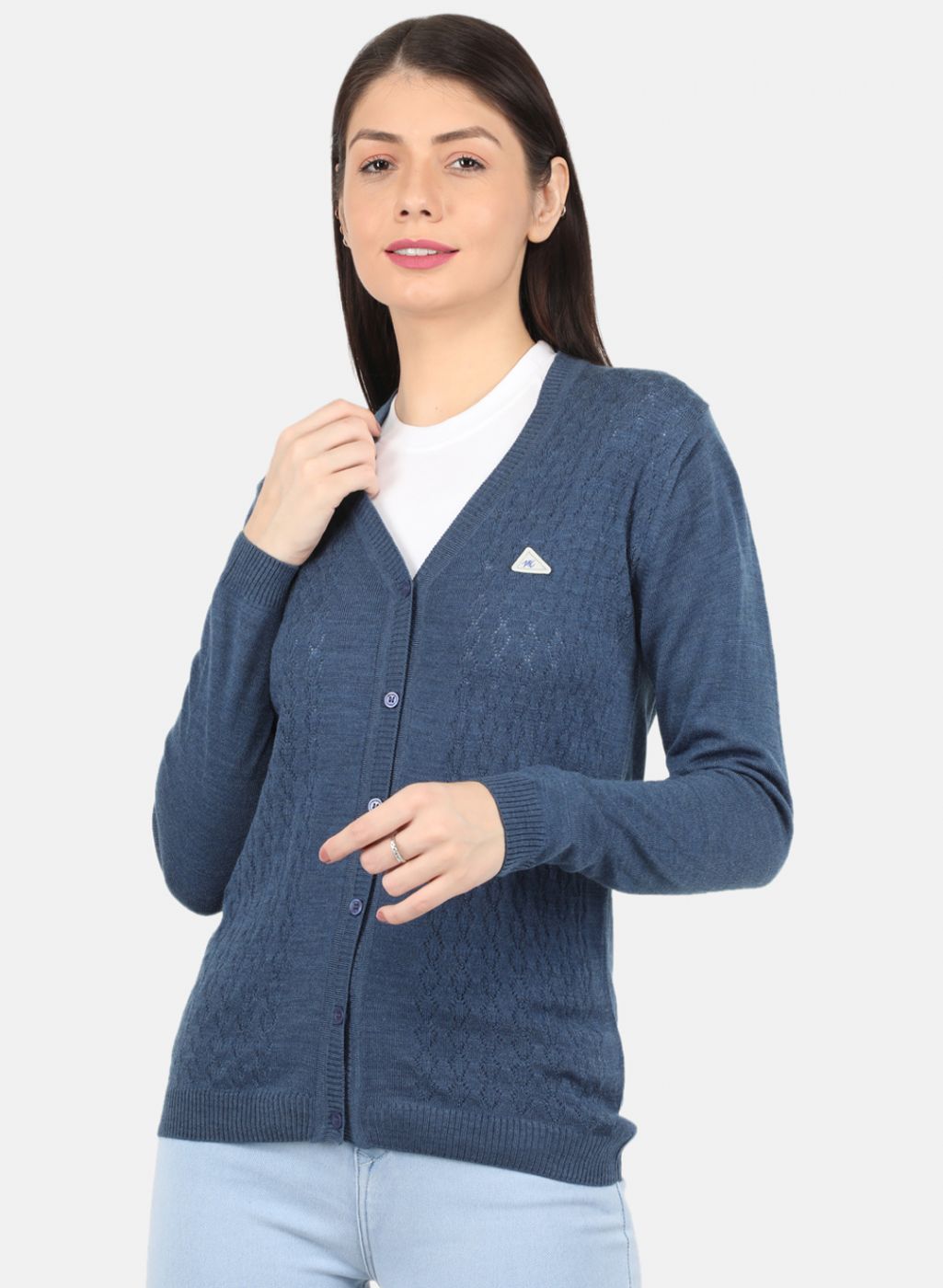 Women Blue Self Design Cardigan