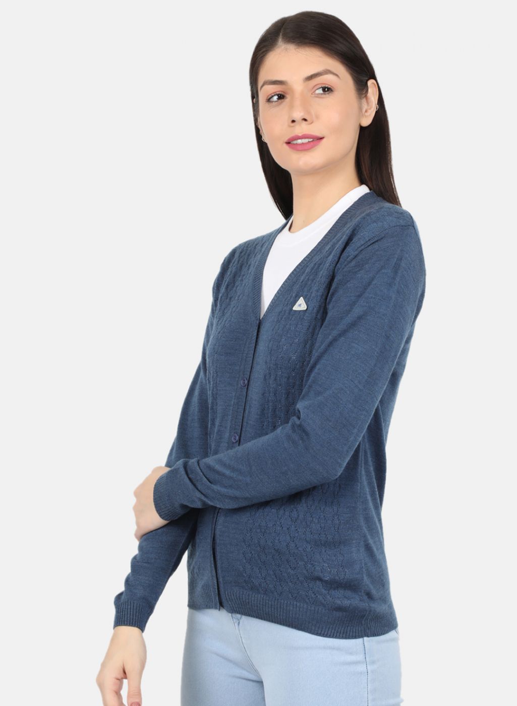 Women Blue Self Design Cardigan