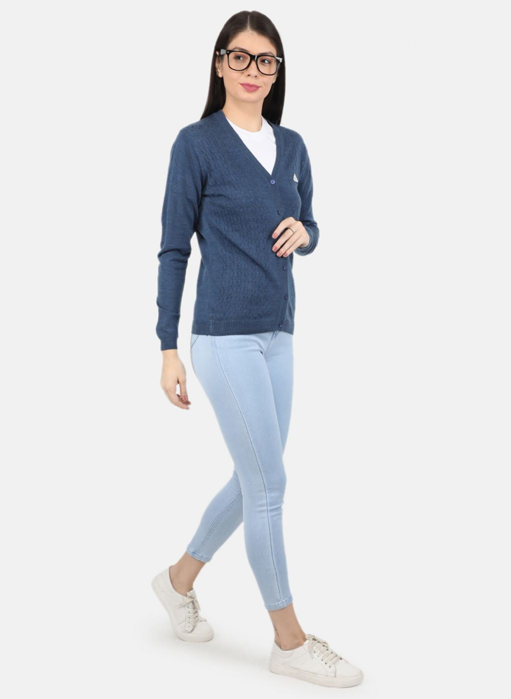 Women Blue Self Design Cardigan