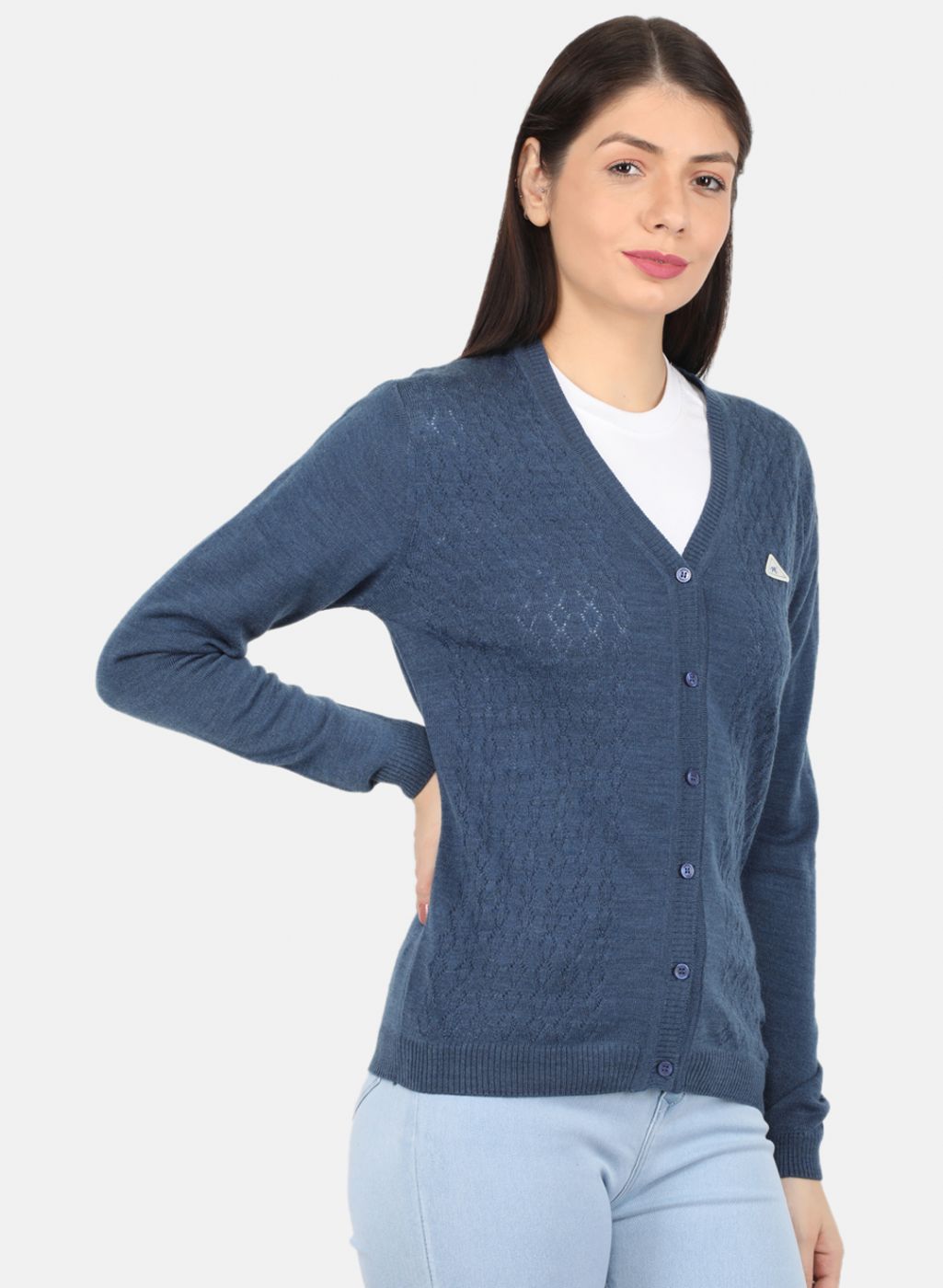 Women Blue Self Design Cardigan
