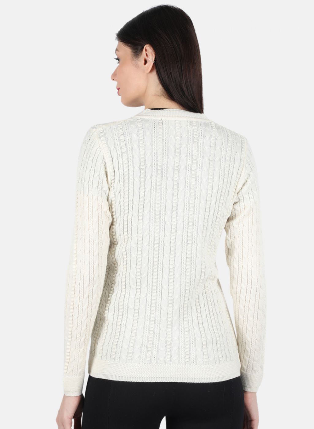 Women Off White Self Design Cardigan