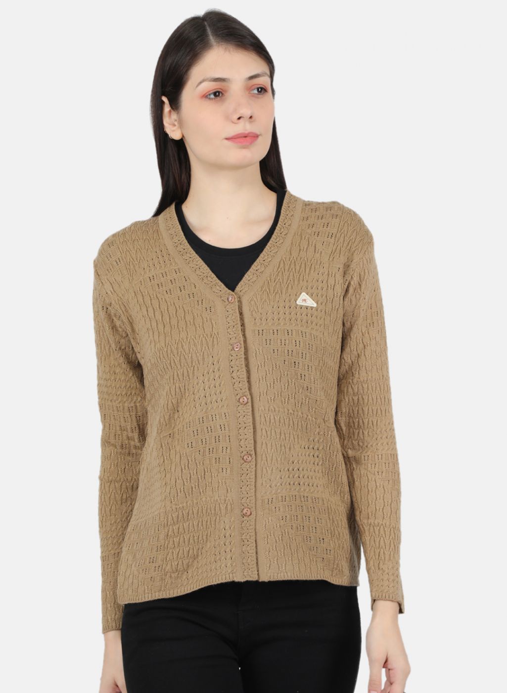 Women Brown Self Design Cardigan