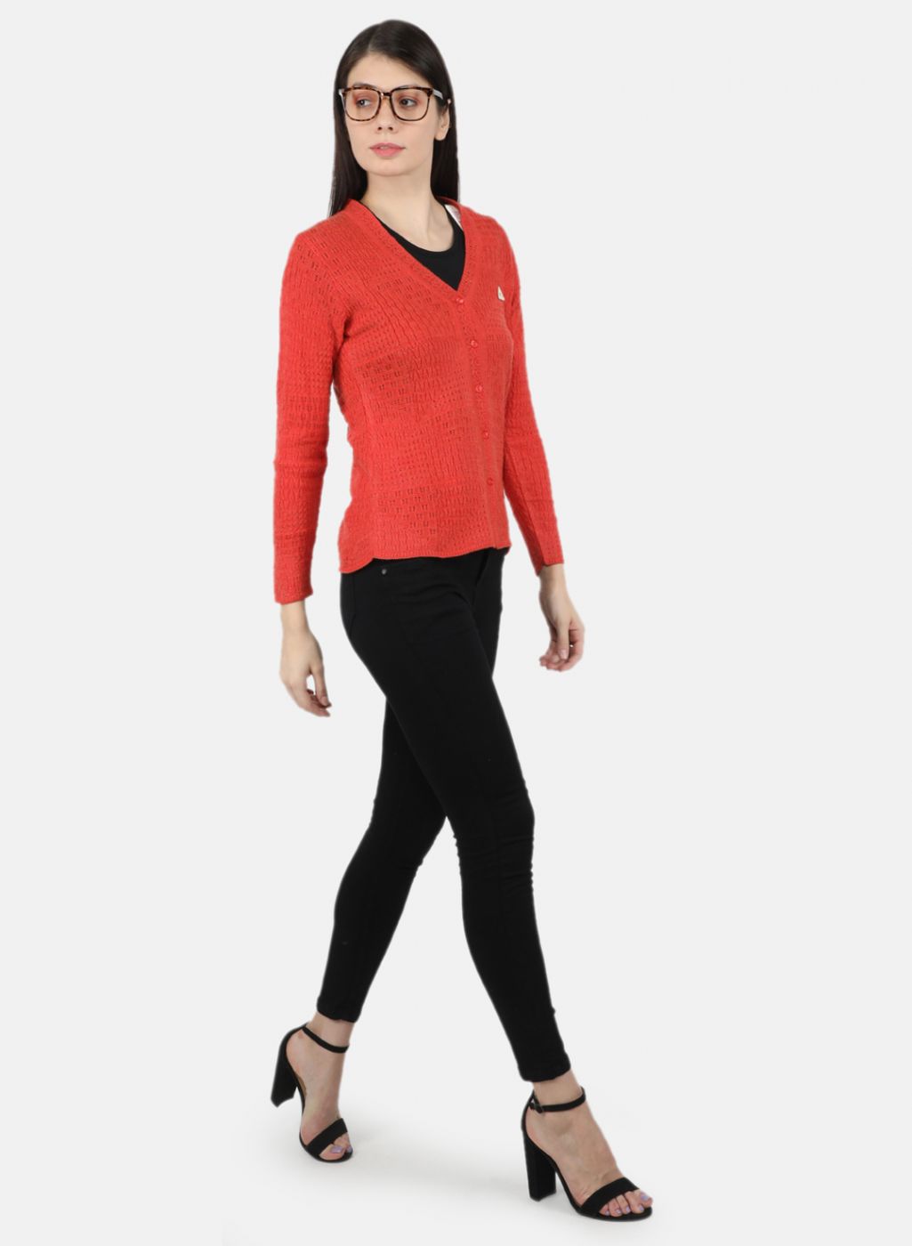 Women Orange Self Design Cardigan