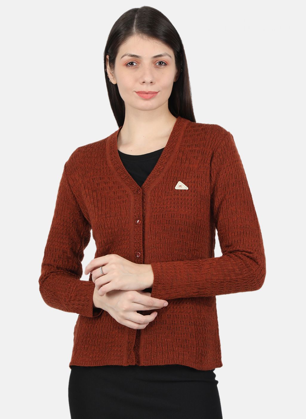 Women Rust Orange Self Design Cardigan