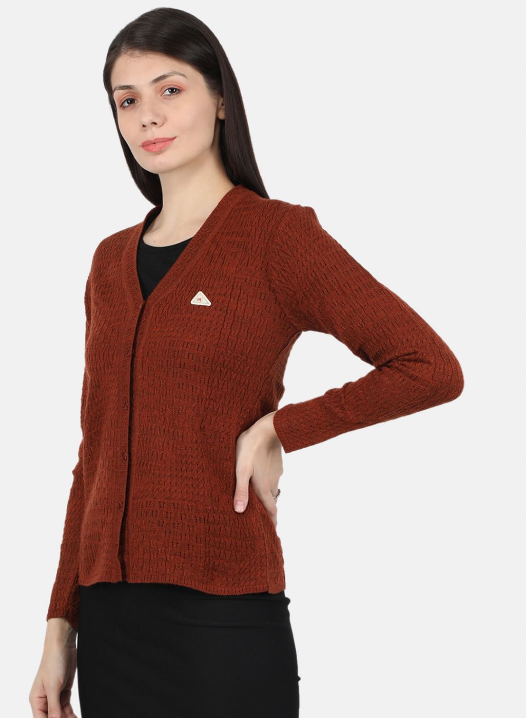 Women Rust Orange Self Design Cardigan