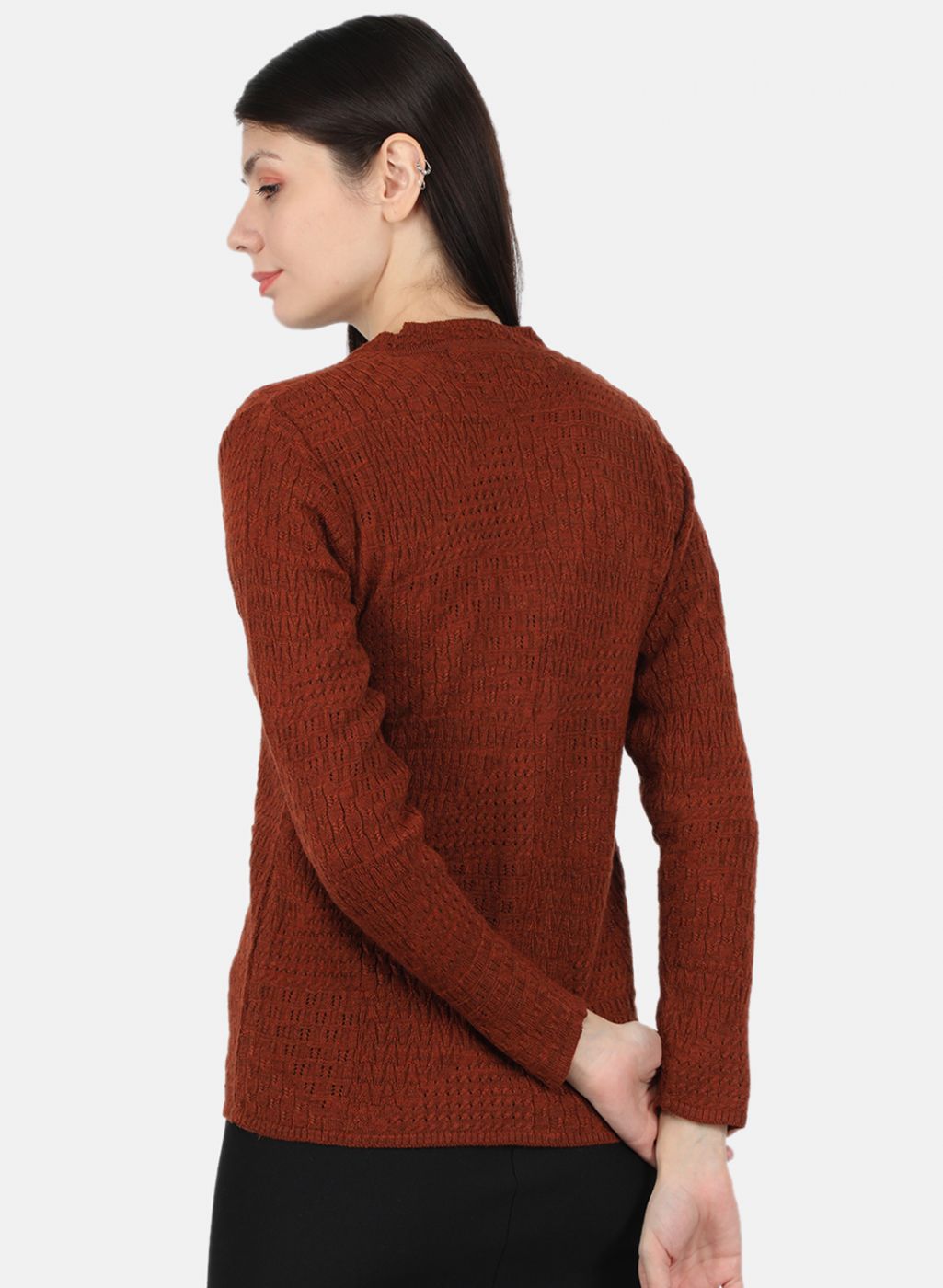 Women Rust Orange Self Design Cardigan