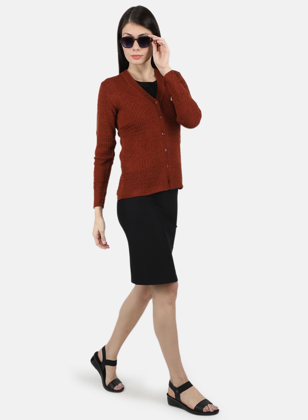 Women Rust Orange Self Design Cardigan