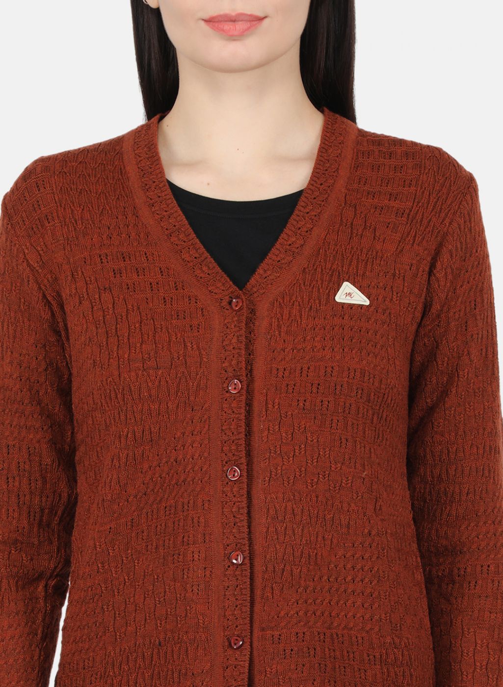 Women Rust Orange Self Design Cardigan