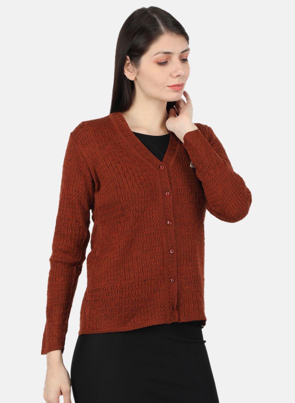 Women Rust Orange Self Design Cardigan
