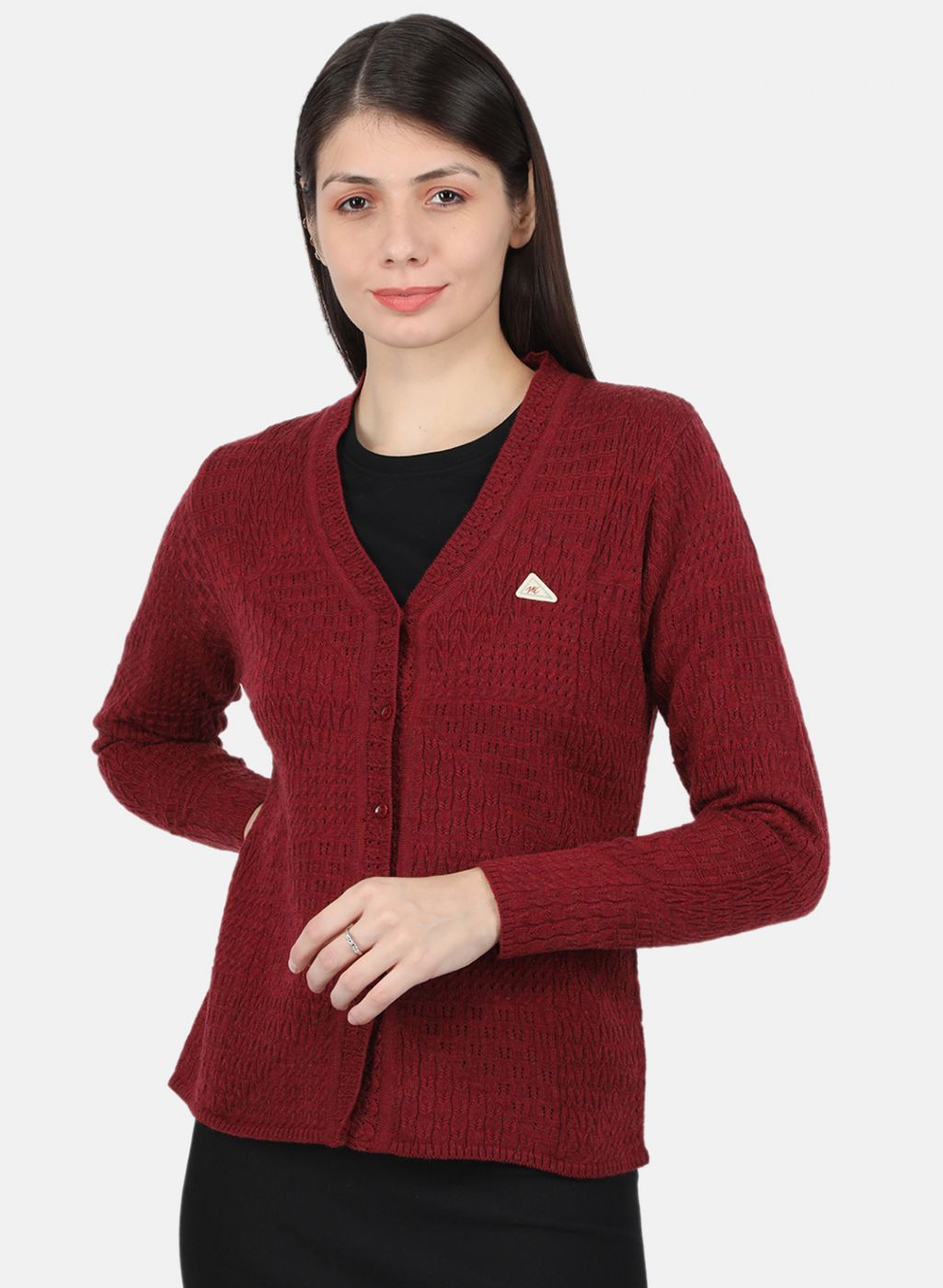 Women Maroon Self Design Cardigan