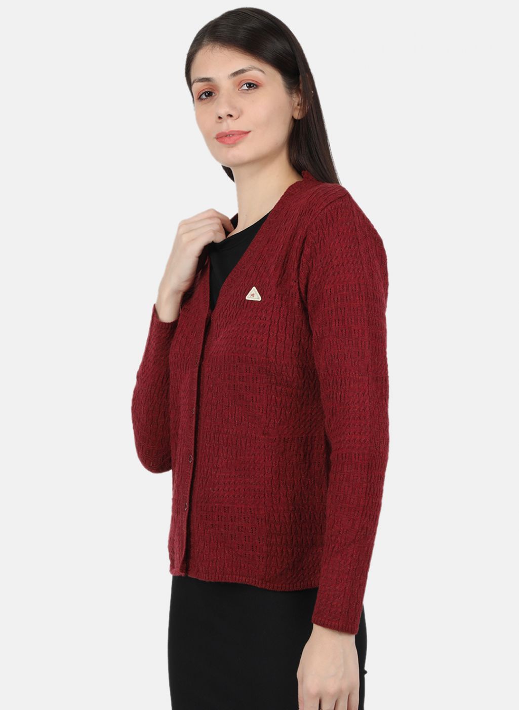 Women Maroon Self Design Cardigan