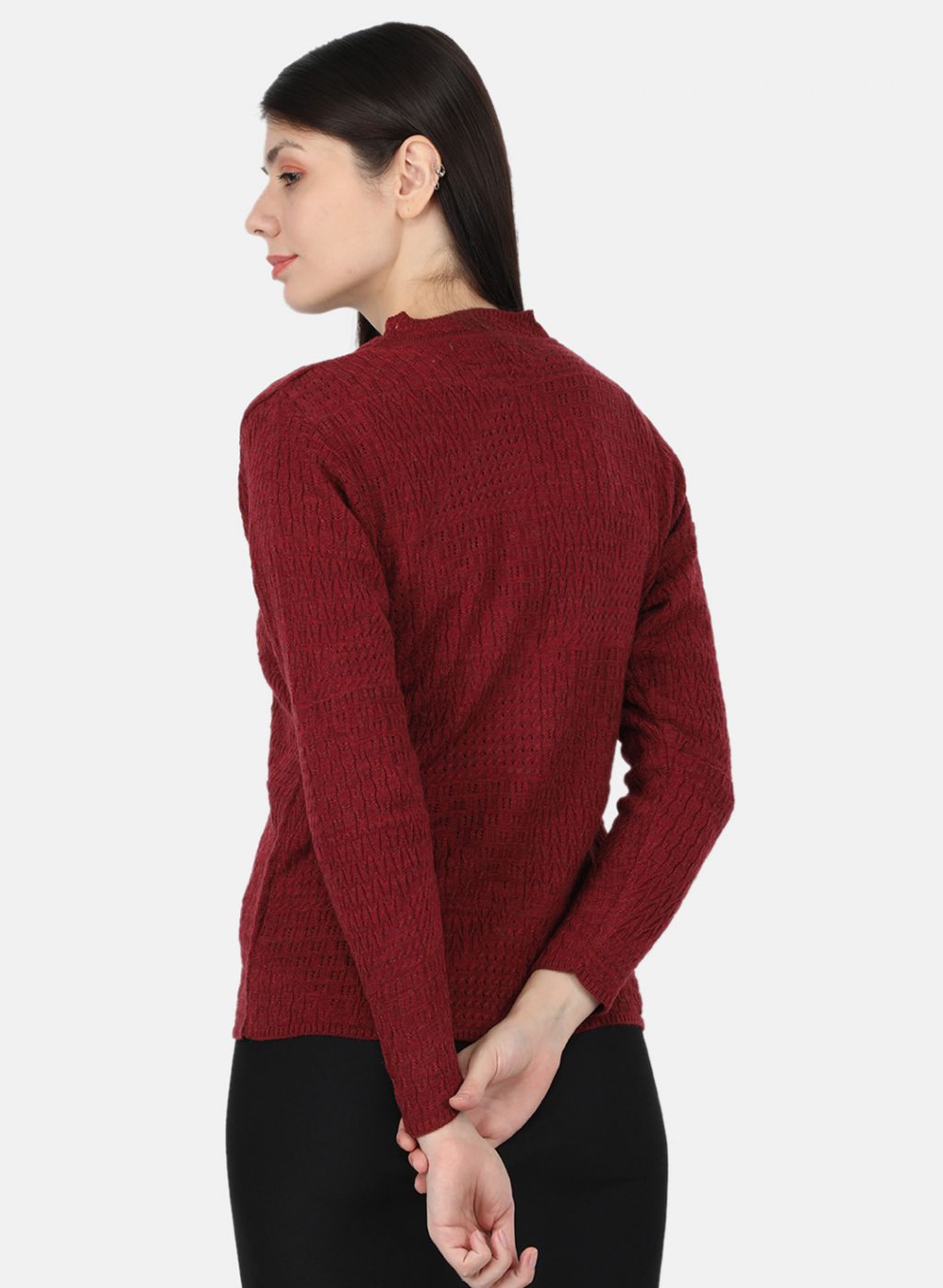 Women Maroon Self Design Cardigan