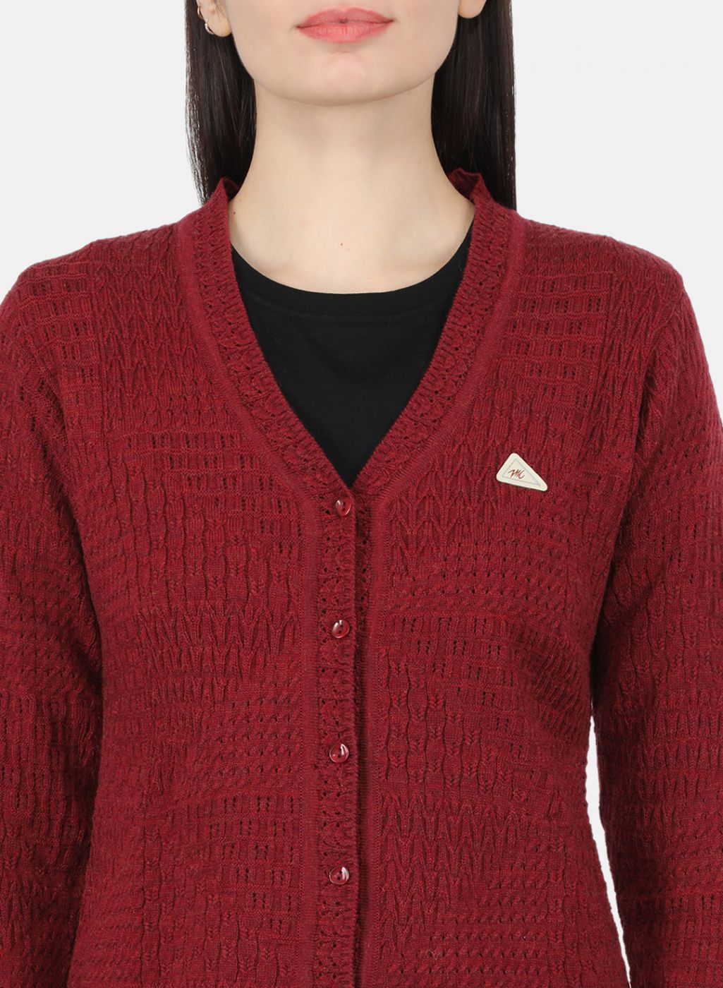 Women Maroon Self Design Cardigan