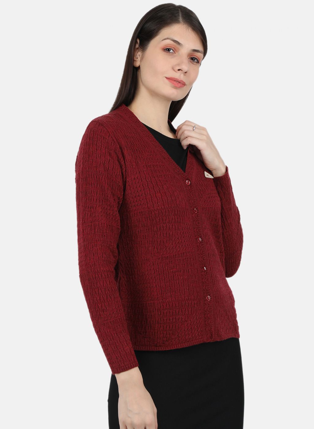Women Maroon Self Design Cardigan
