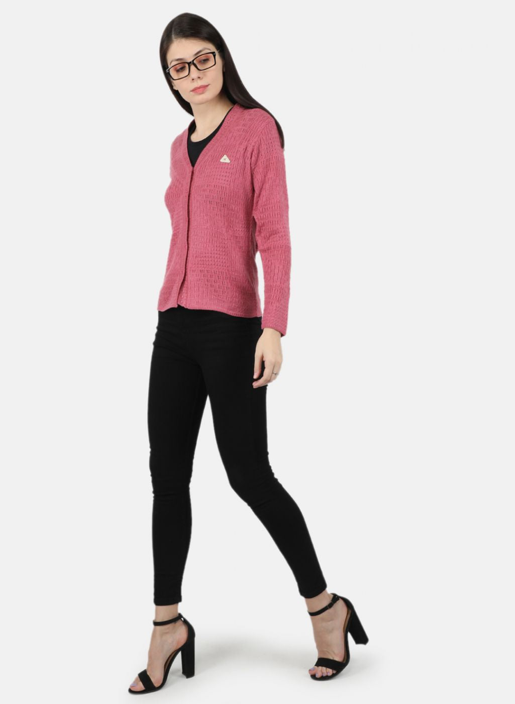 Women Pink Self Design Cardigan