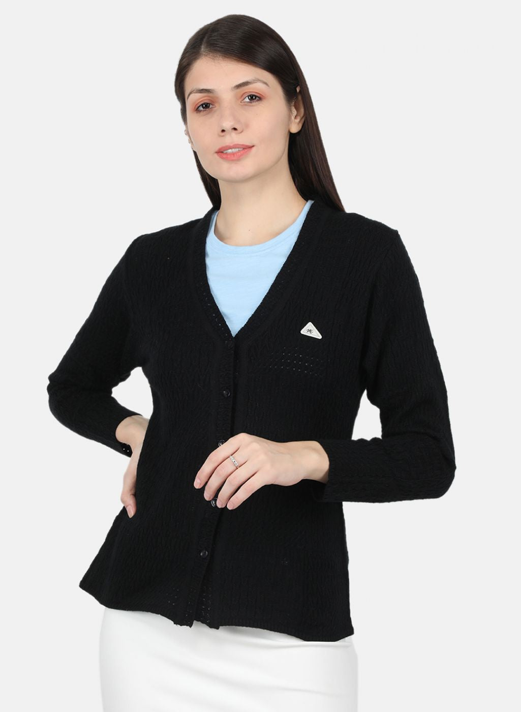 Women Black Self Design Cardigan