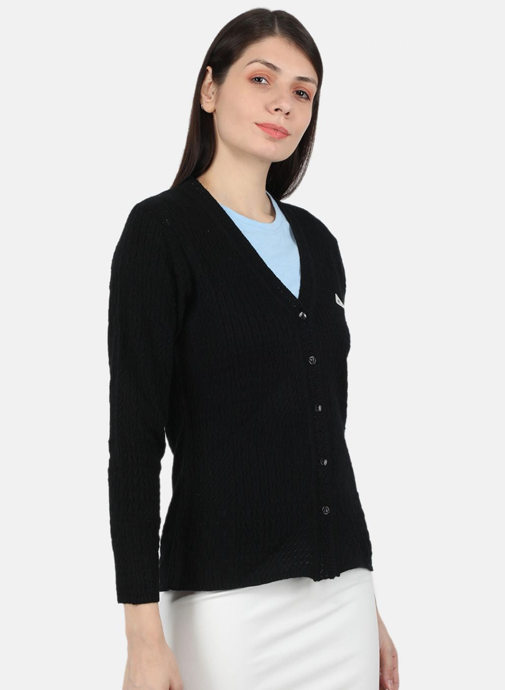 Women Black Self Design Cardigan