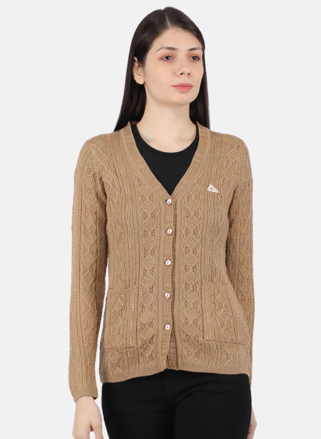 Women Beige Self Design Cardigan - Main Image
