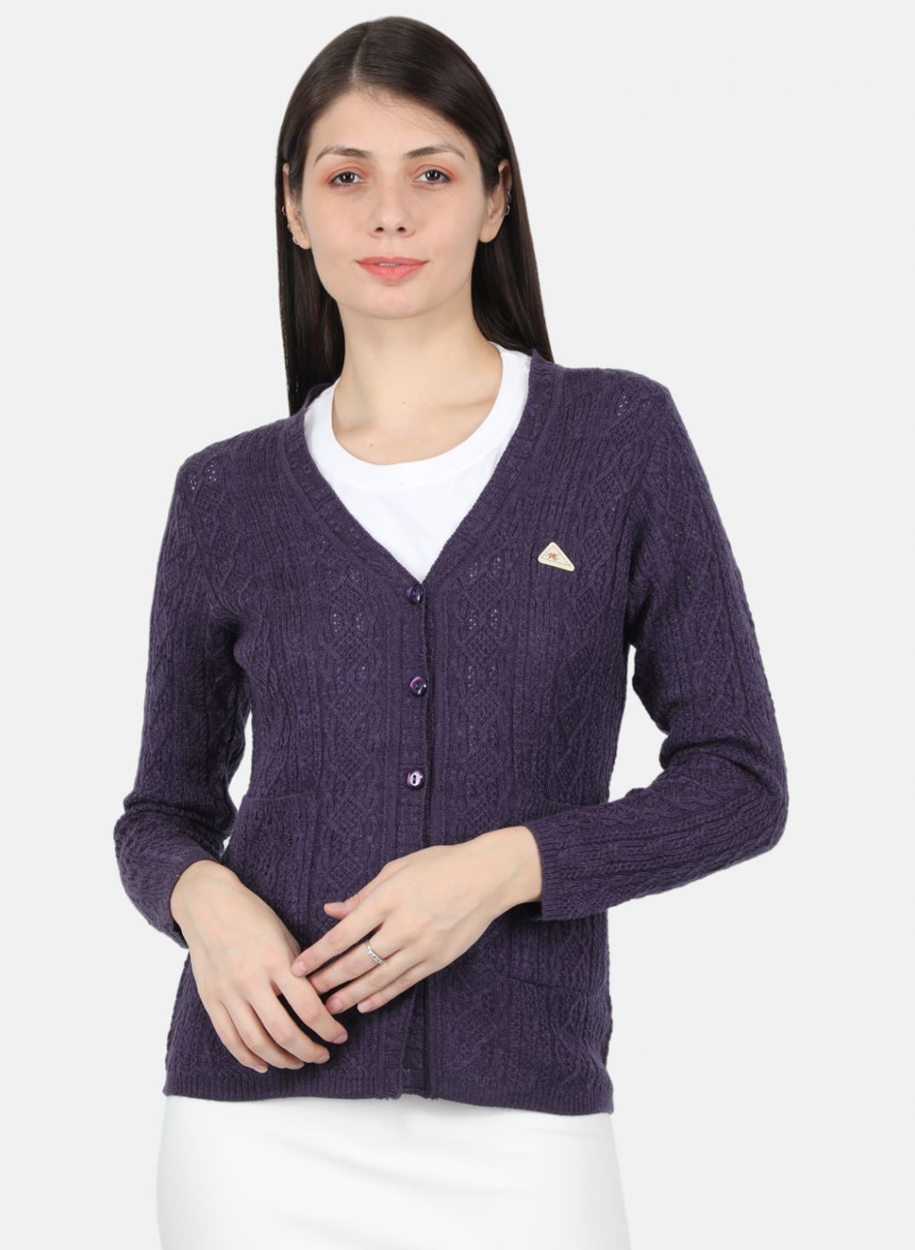 Women Purple Self Design Cardigan