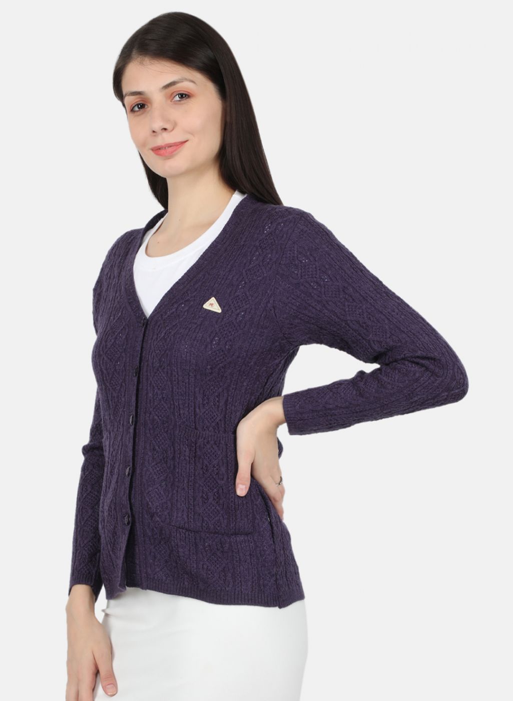 Women Purple Self Design Cardigan