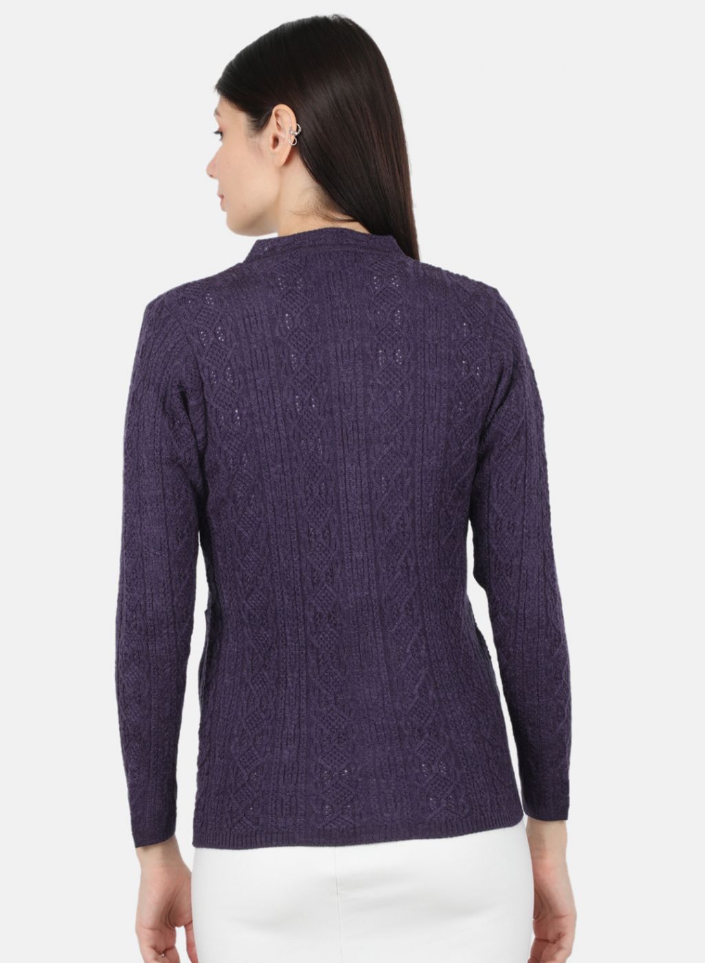 Women Purple Self Design Cardigan