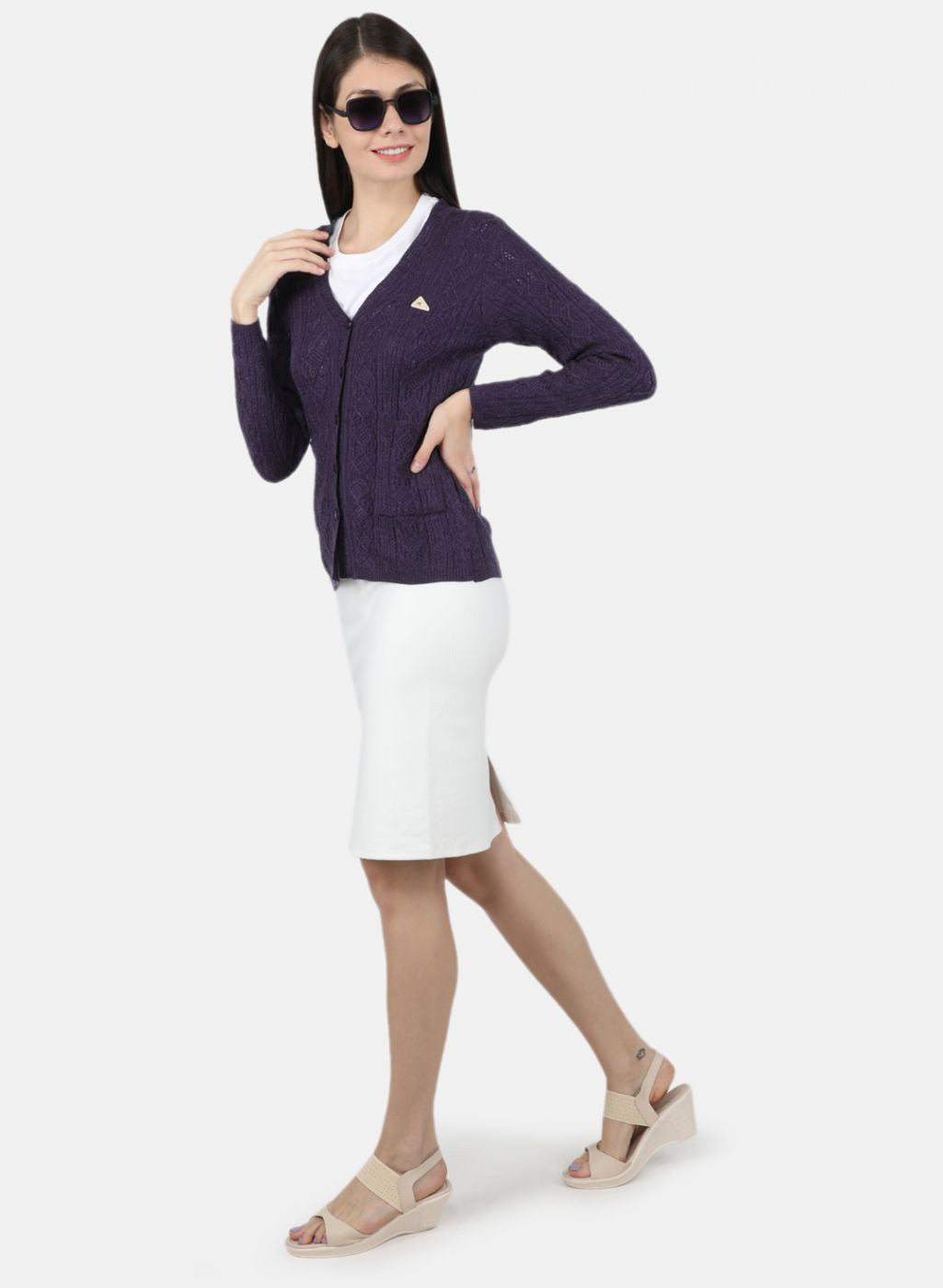 Women Purple Self Design Cardigan