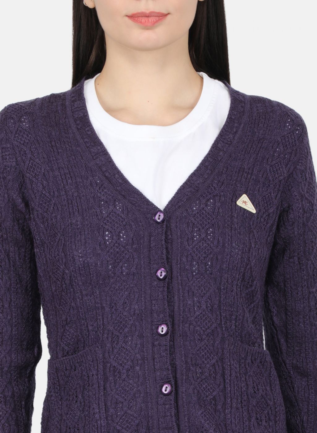Women Purple Self Design Cardigan