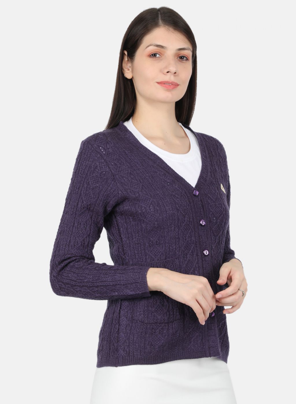 Women Purple Self Design Cardigan