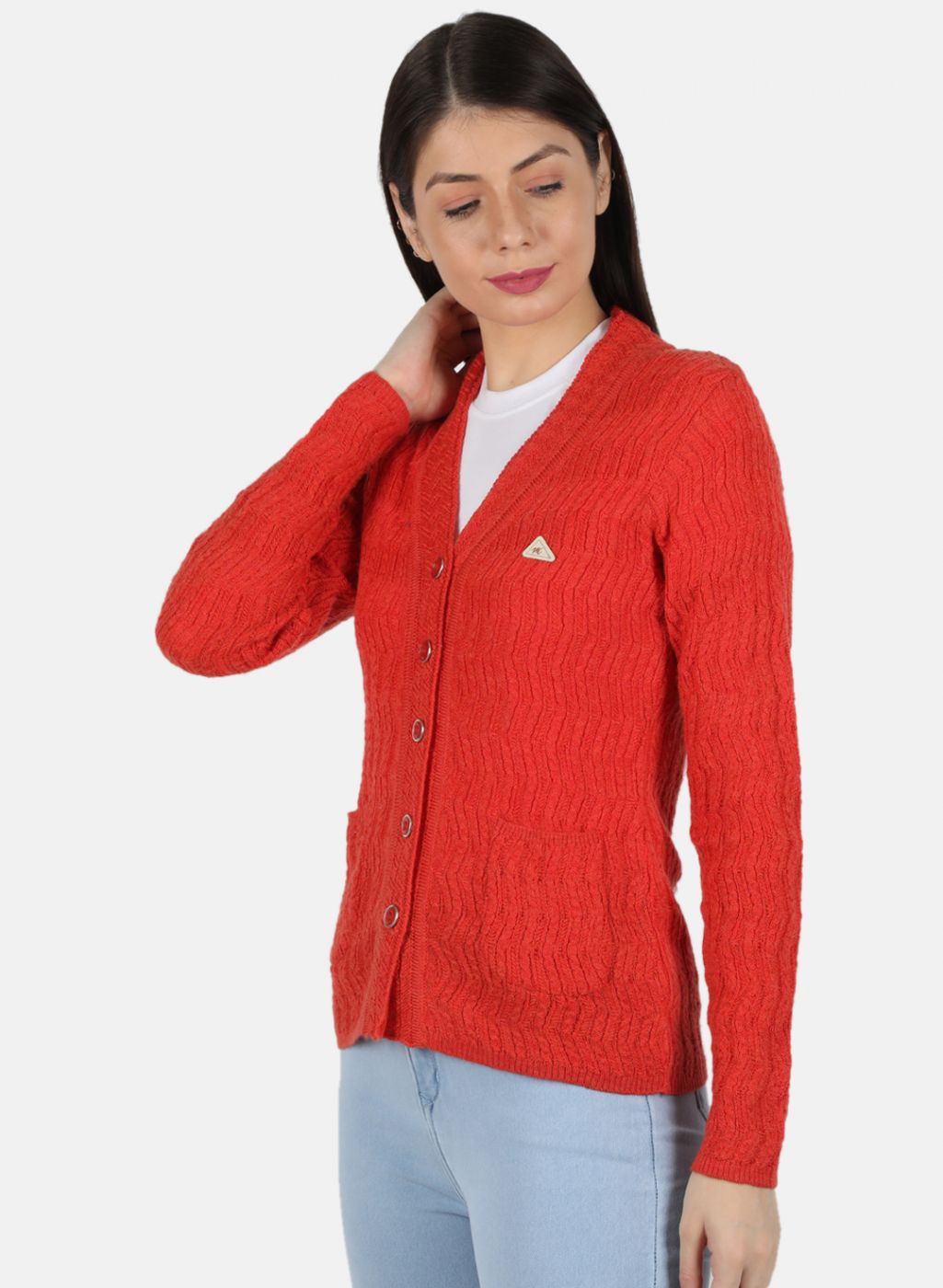Women Orange Self Design Cardigan