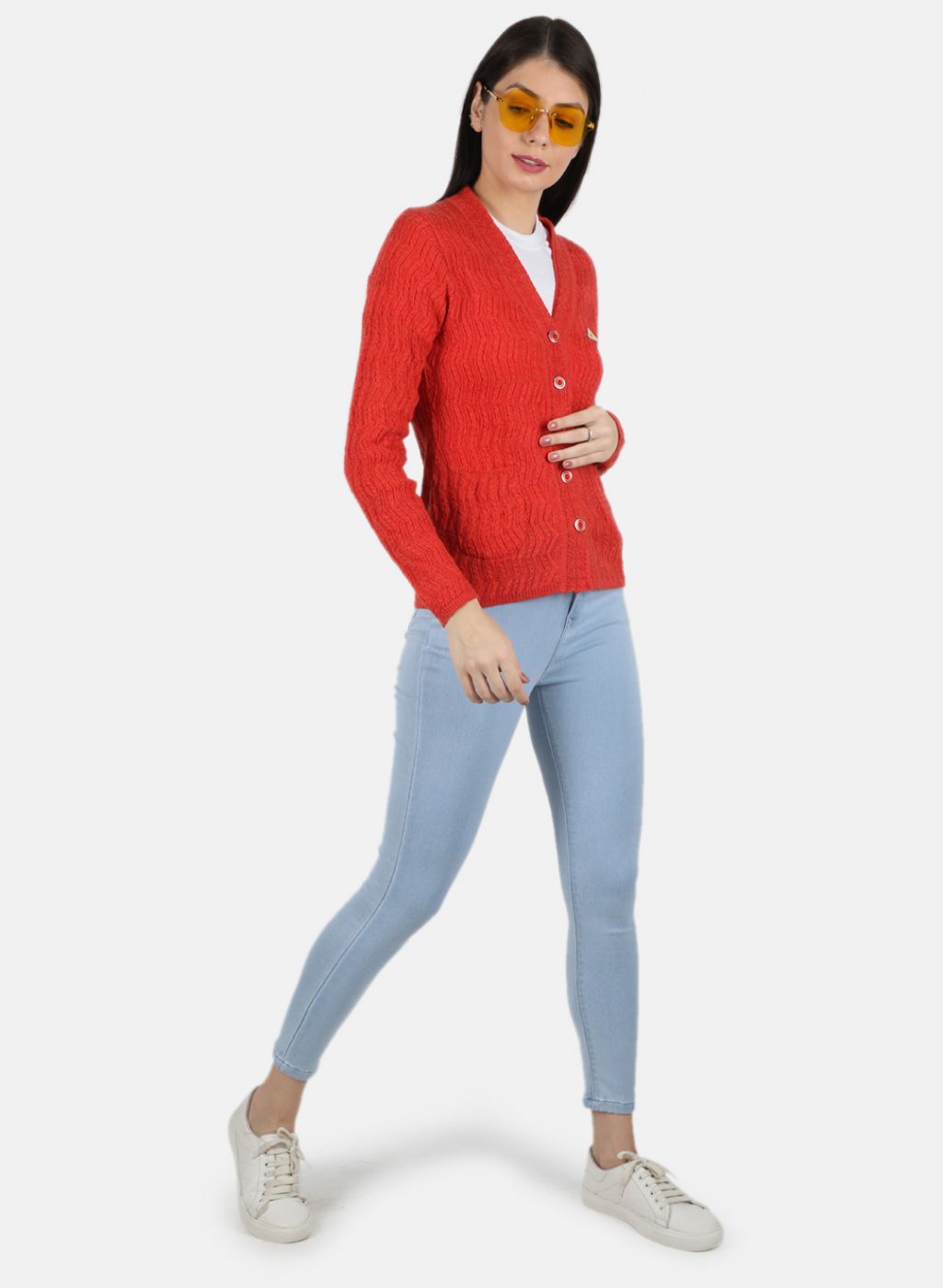 Women Orange Self Design Cardigan