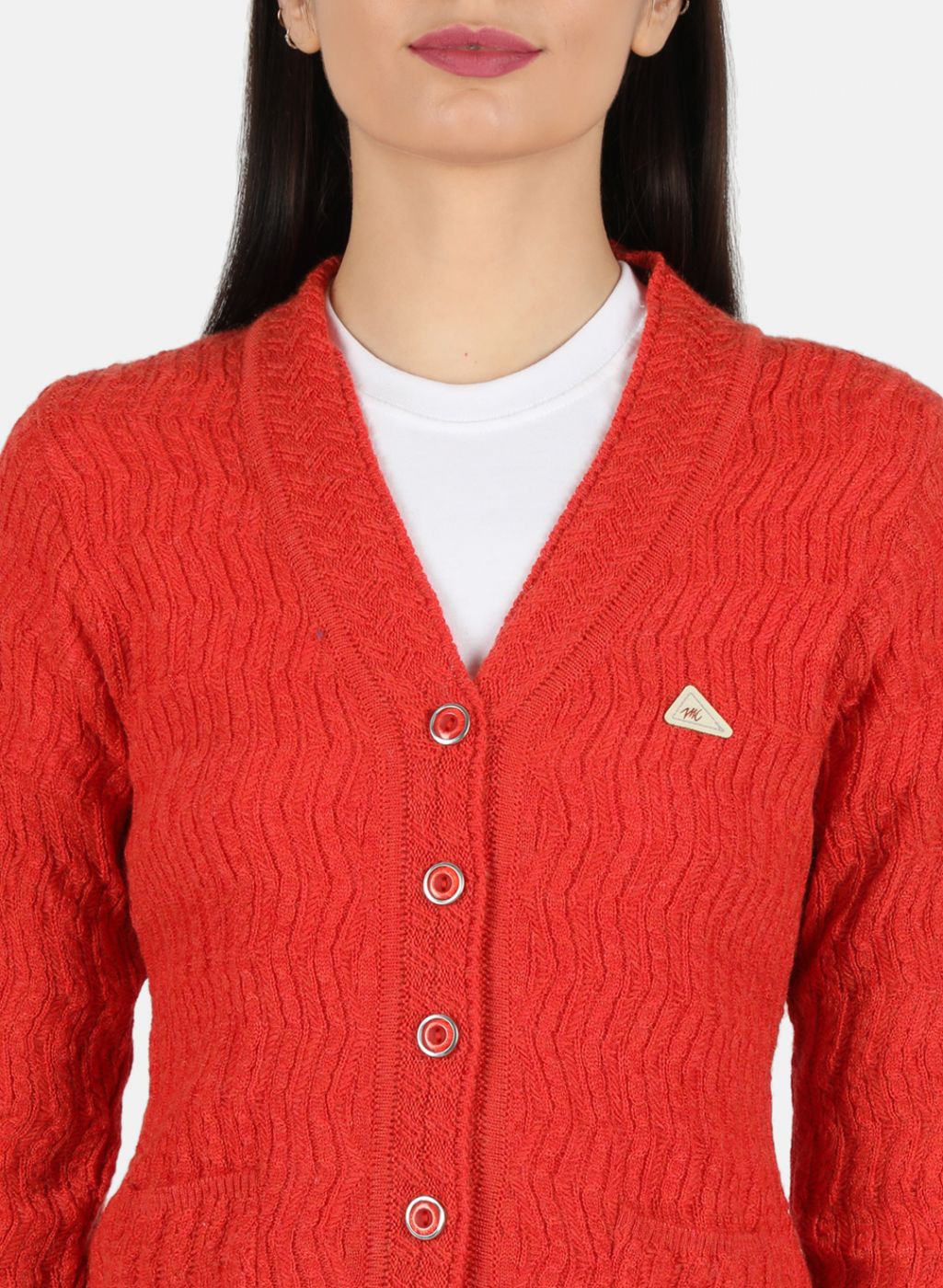 Women Orange Self Design Cardigan
