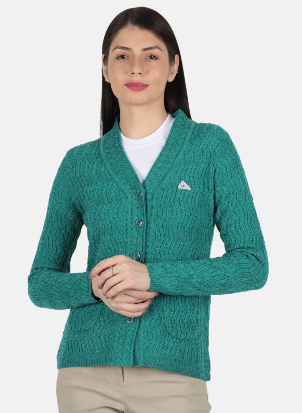 Women Green Self Design Cardigan