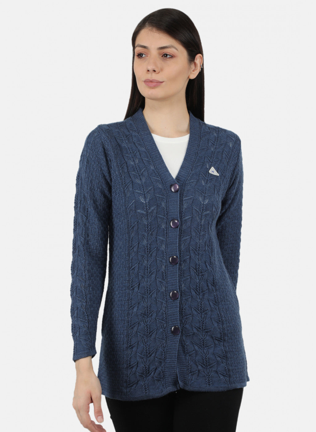 Women Blue Self Design Cardigan