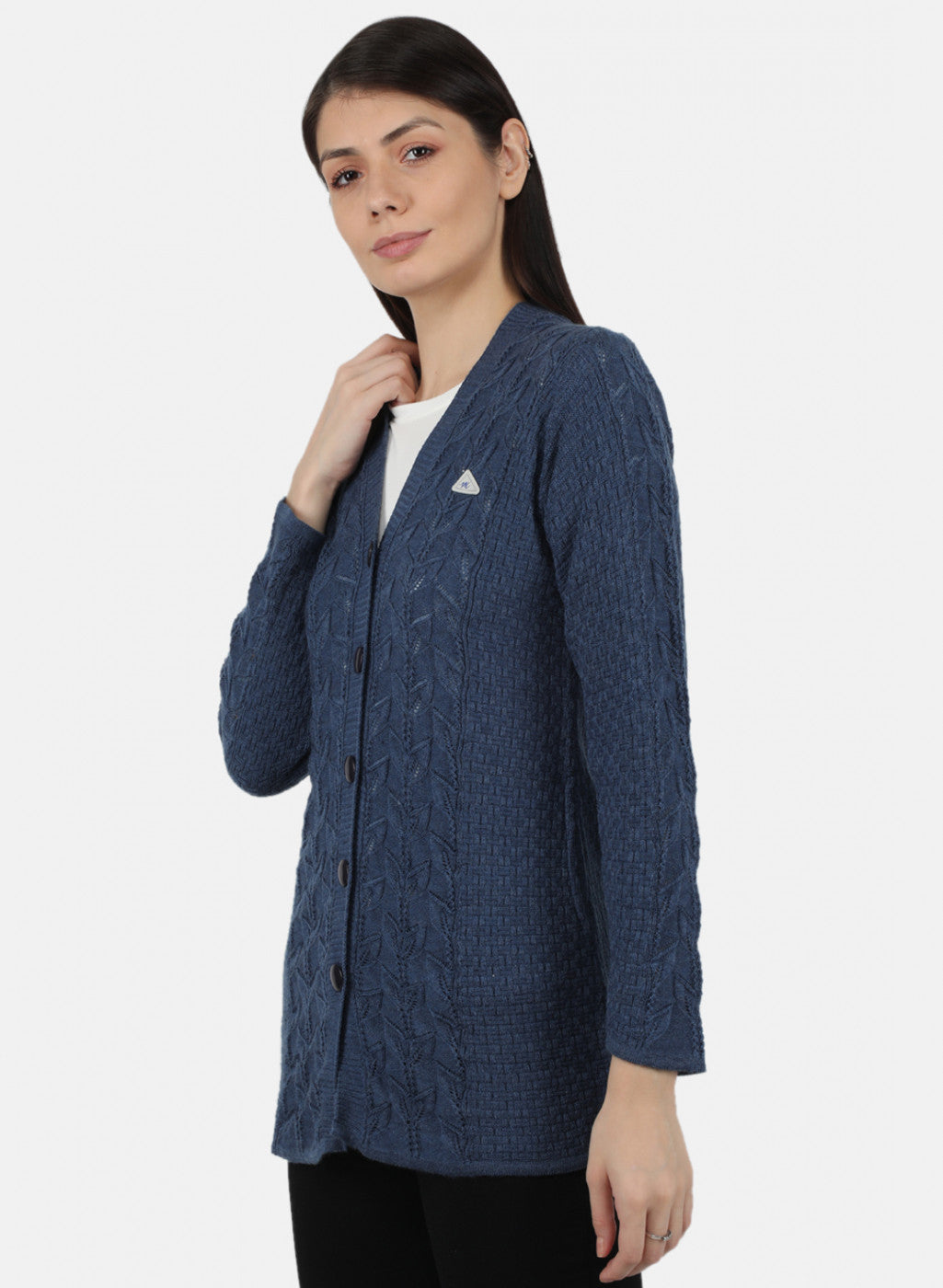 Women Blue Self Design Cardigan