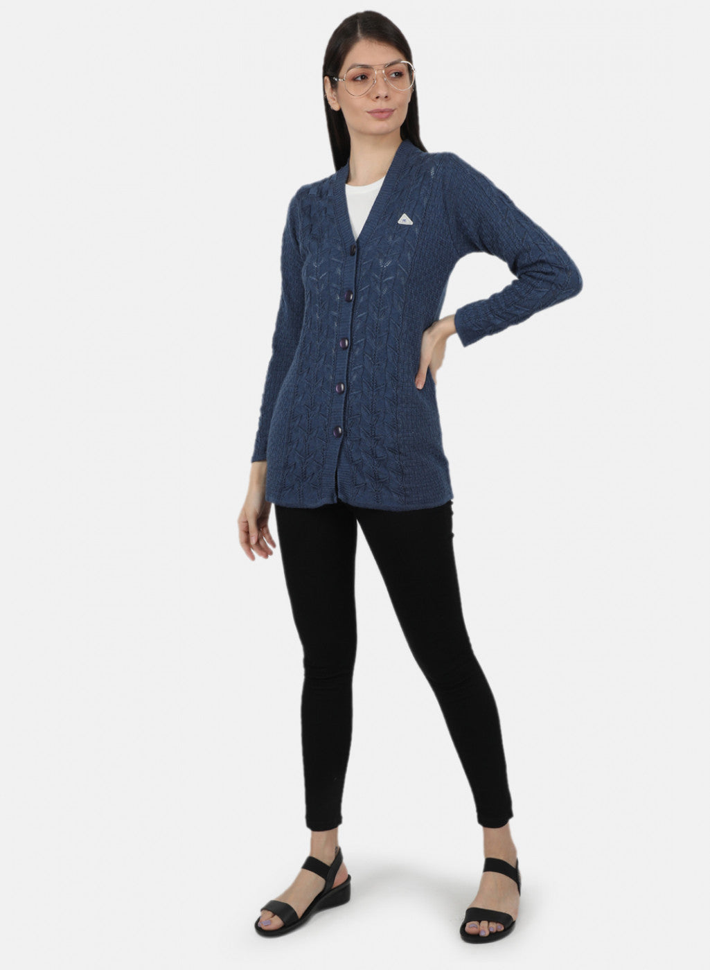 Women Blue Self Design Cardigan