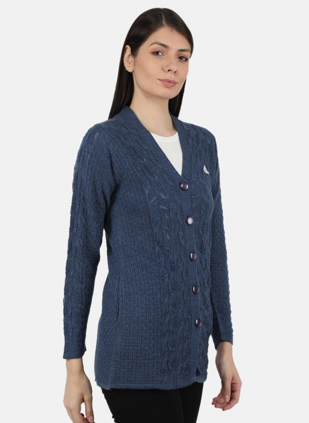 Women Blue Self Design Cardigan