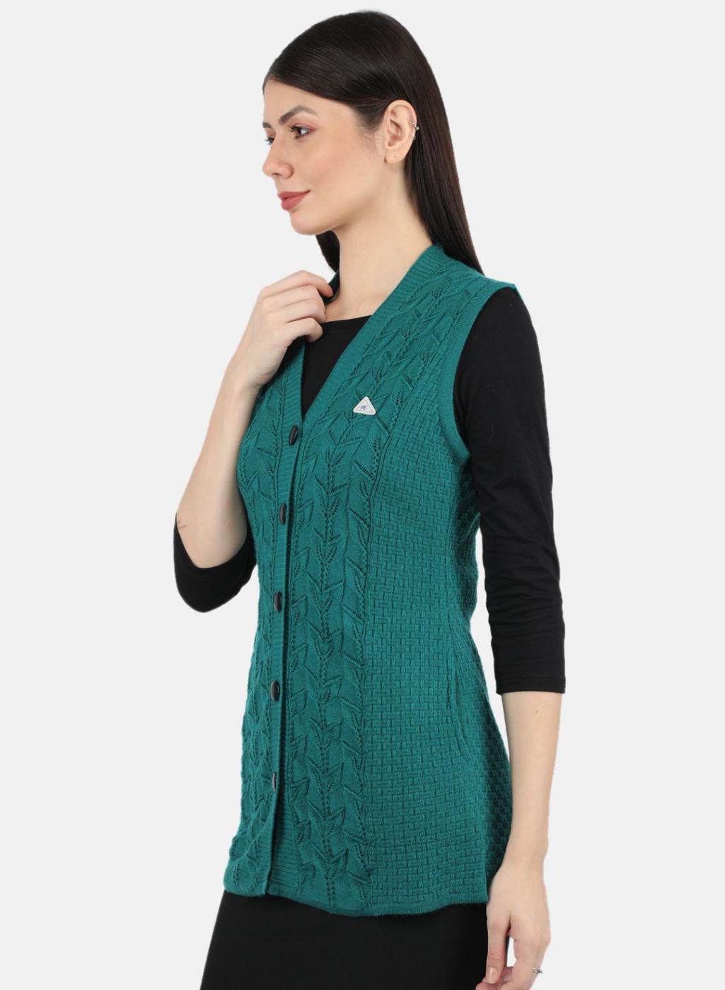 Women Green Self Design Cardigan