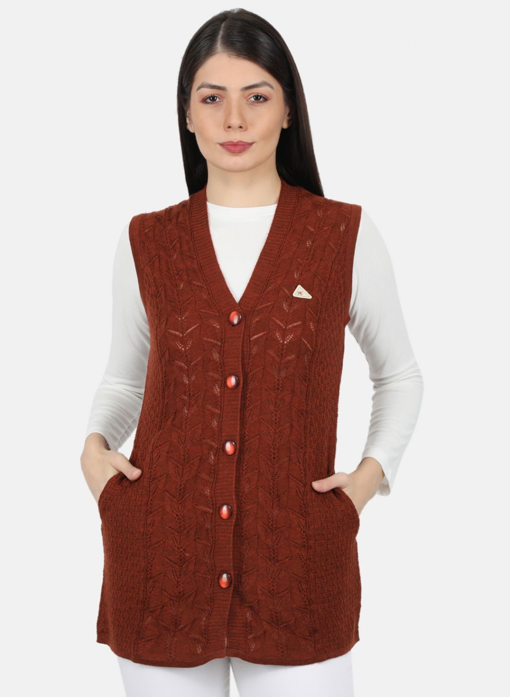 Women Brown Self Design Cardigan