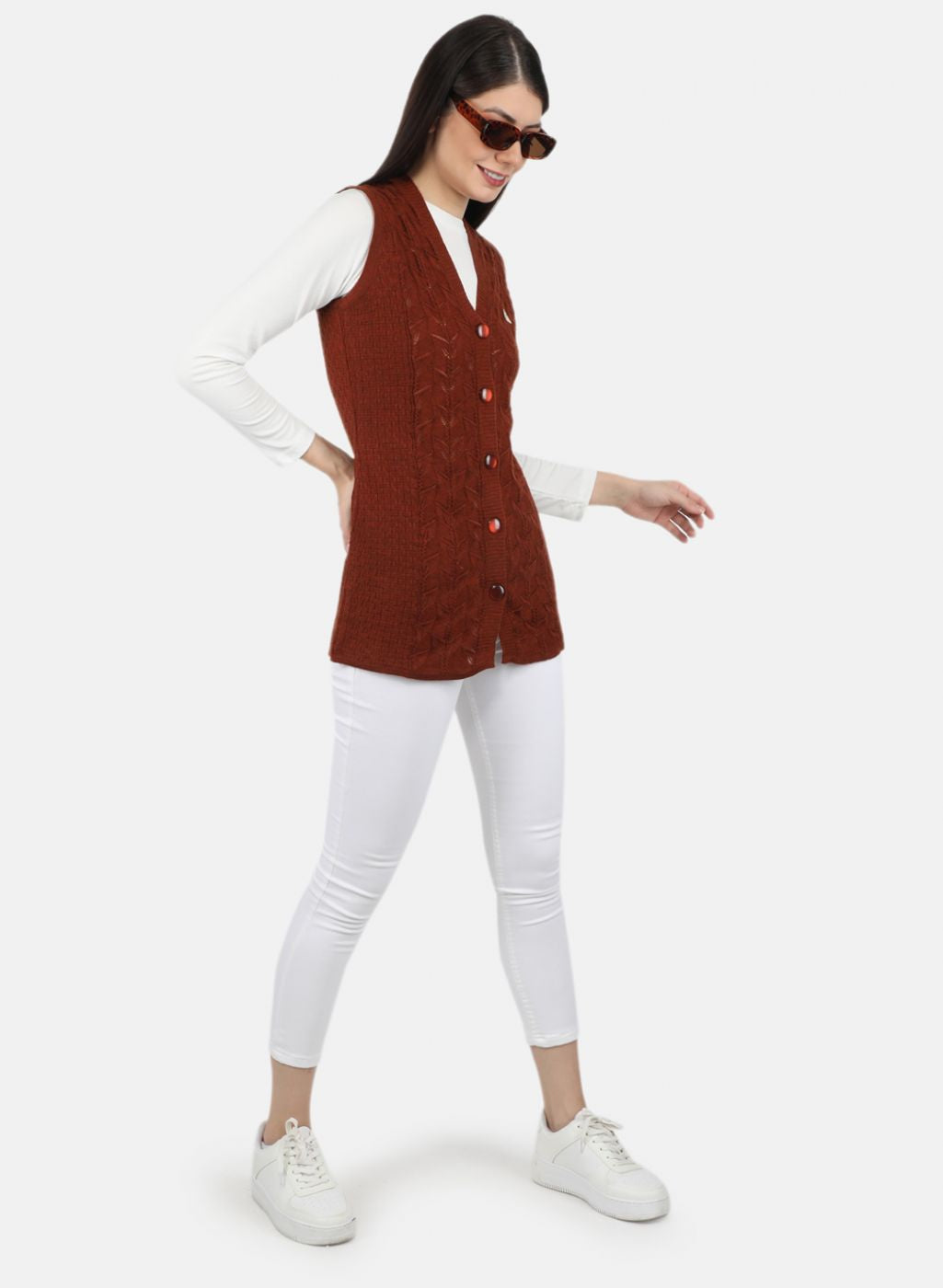 Women Brown Self Design Cardigan