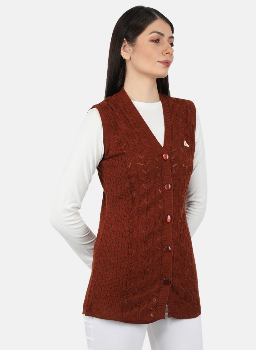 Women Brown Self Design Cardigan