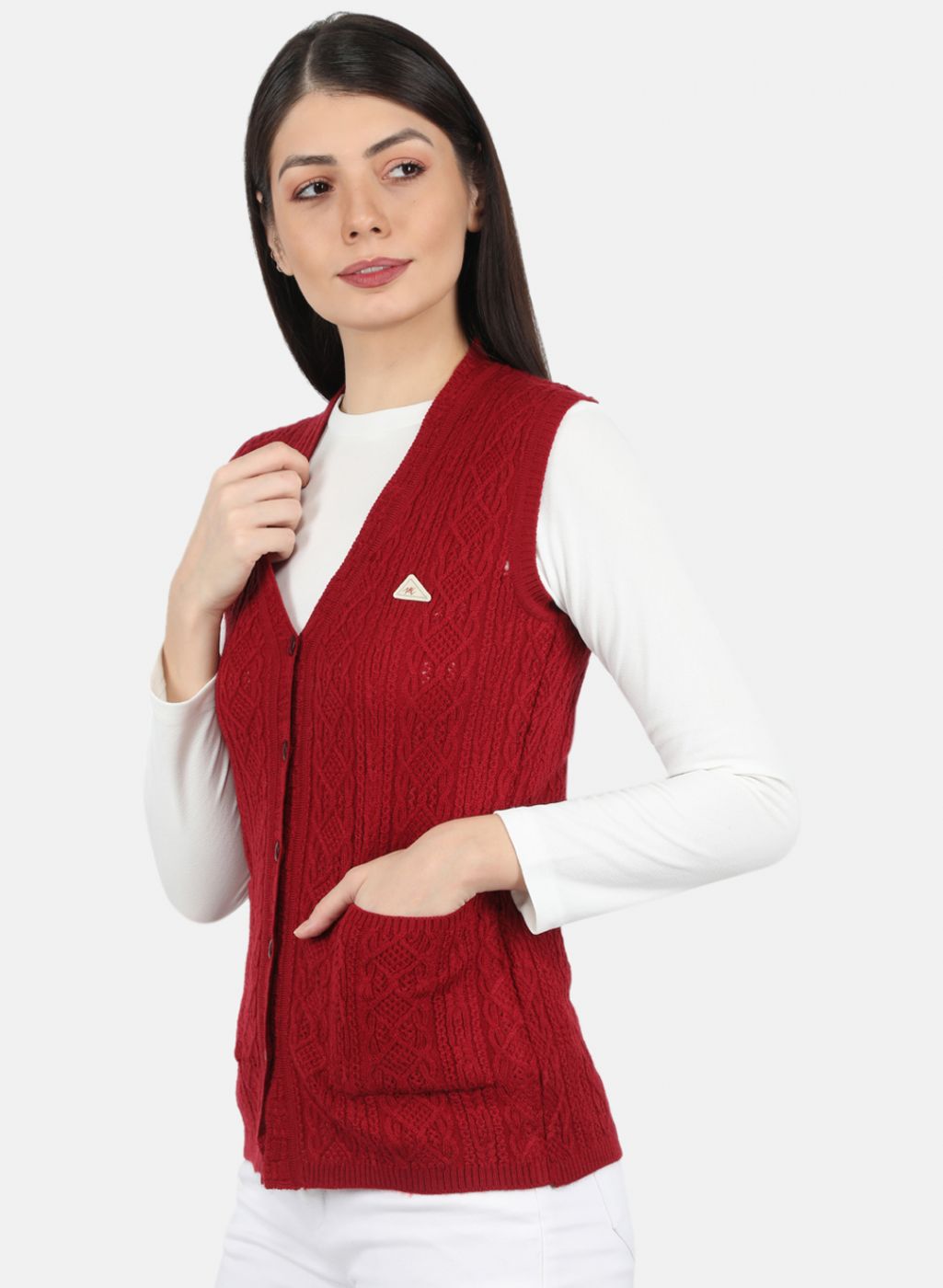 Women Maroon Self Design Cardigan