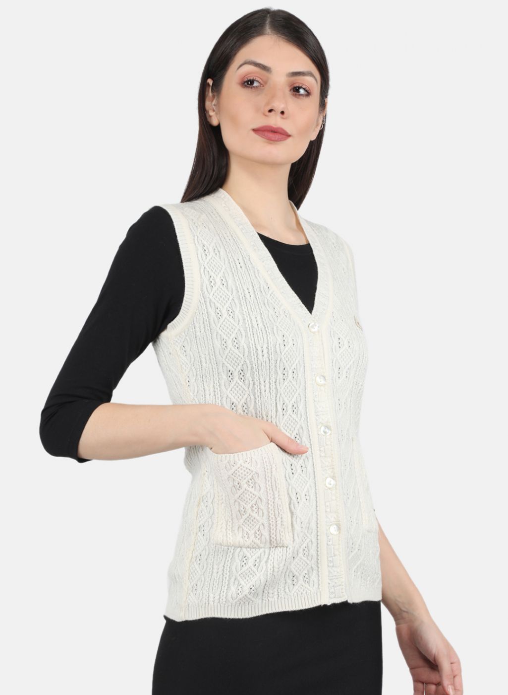 Women Off White Self Design Cardigan