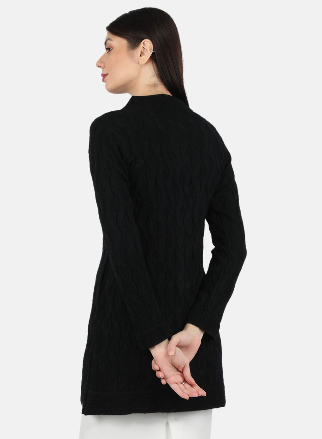 Women Black Self Design Cardigan