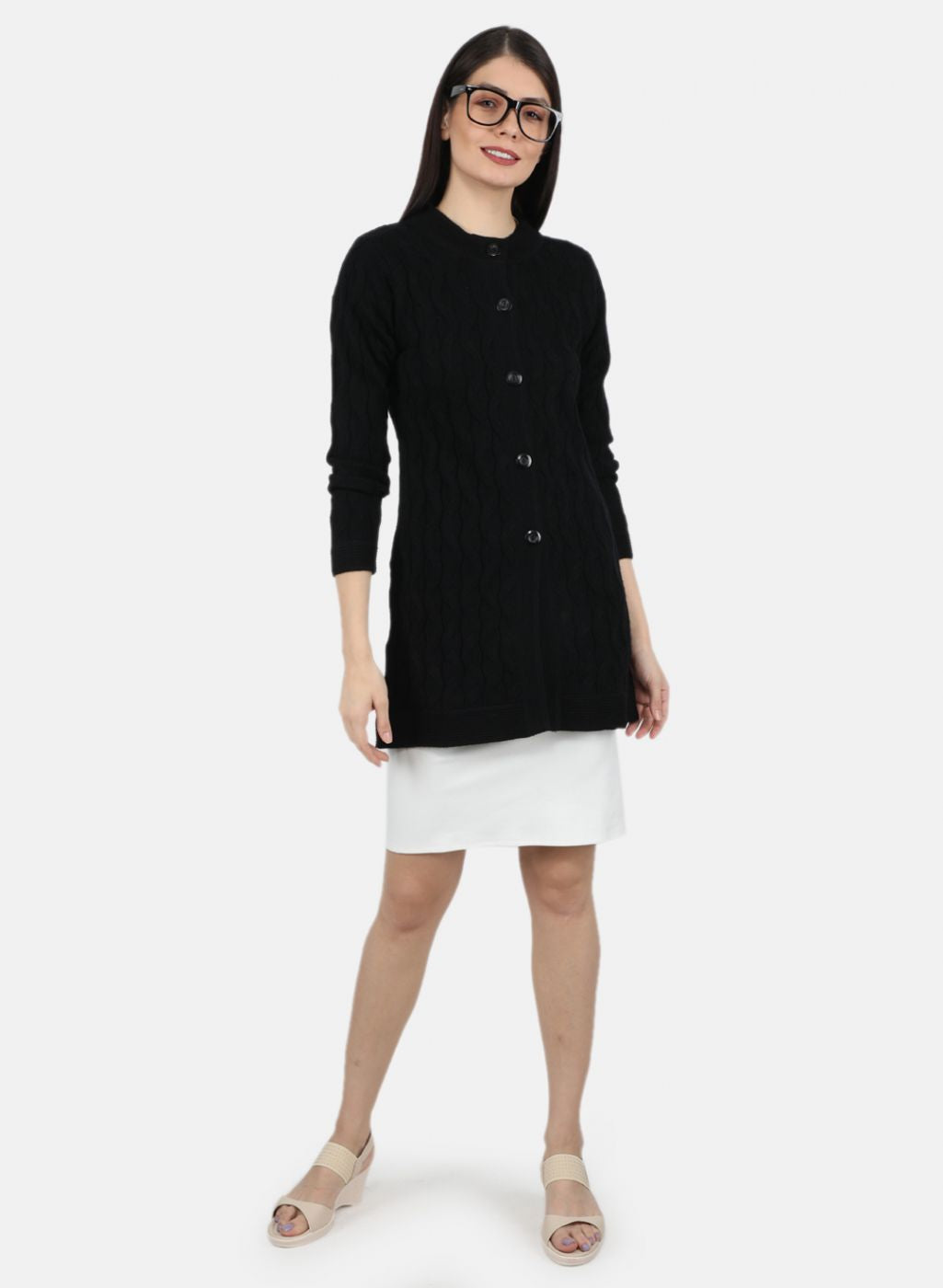 Women Black Self Design Cardigan