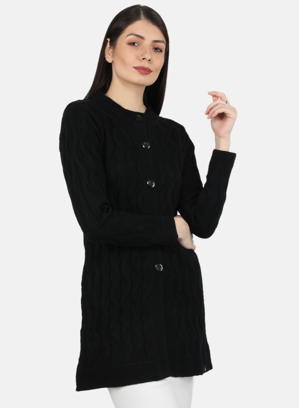 Women Black Self Design Cardigan