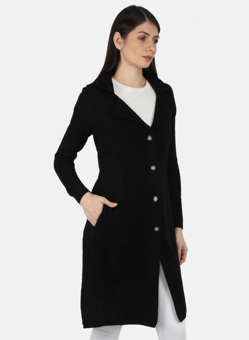 Women Black Self Design Cardigan