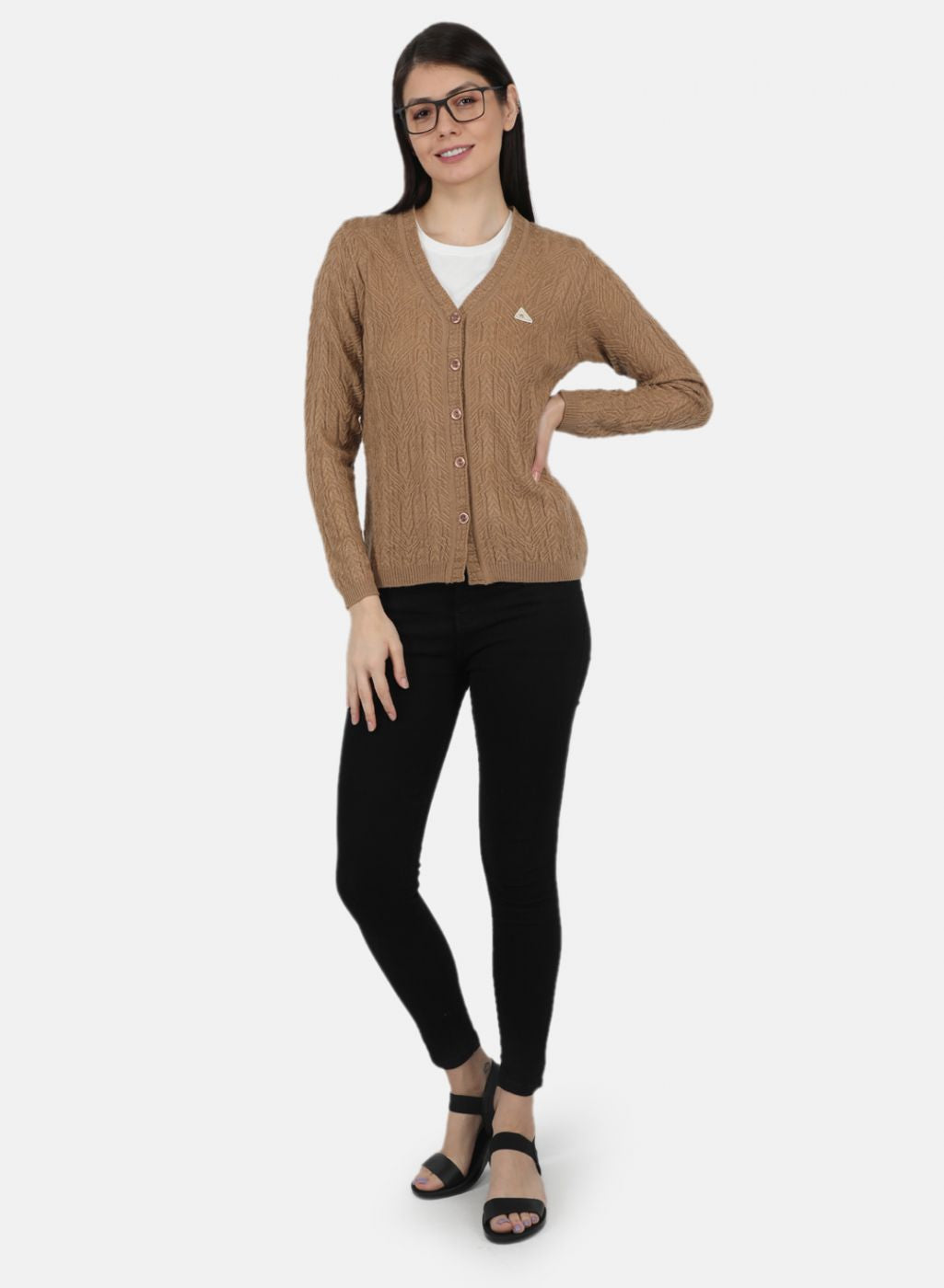 Women Beige Self Design Cardigan