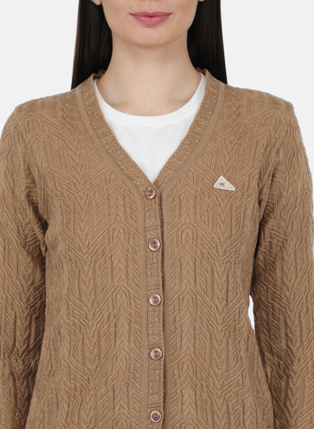 Women Beige Self Design Cardigan