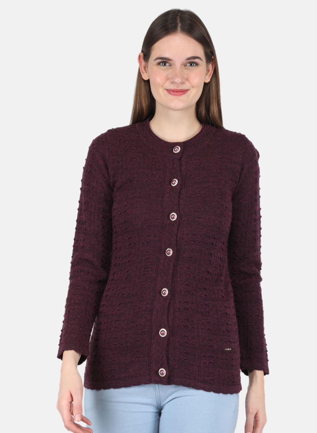 Women Maroon Self design Cardigan