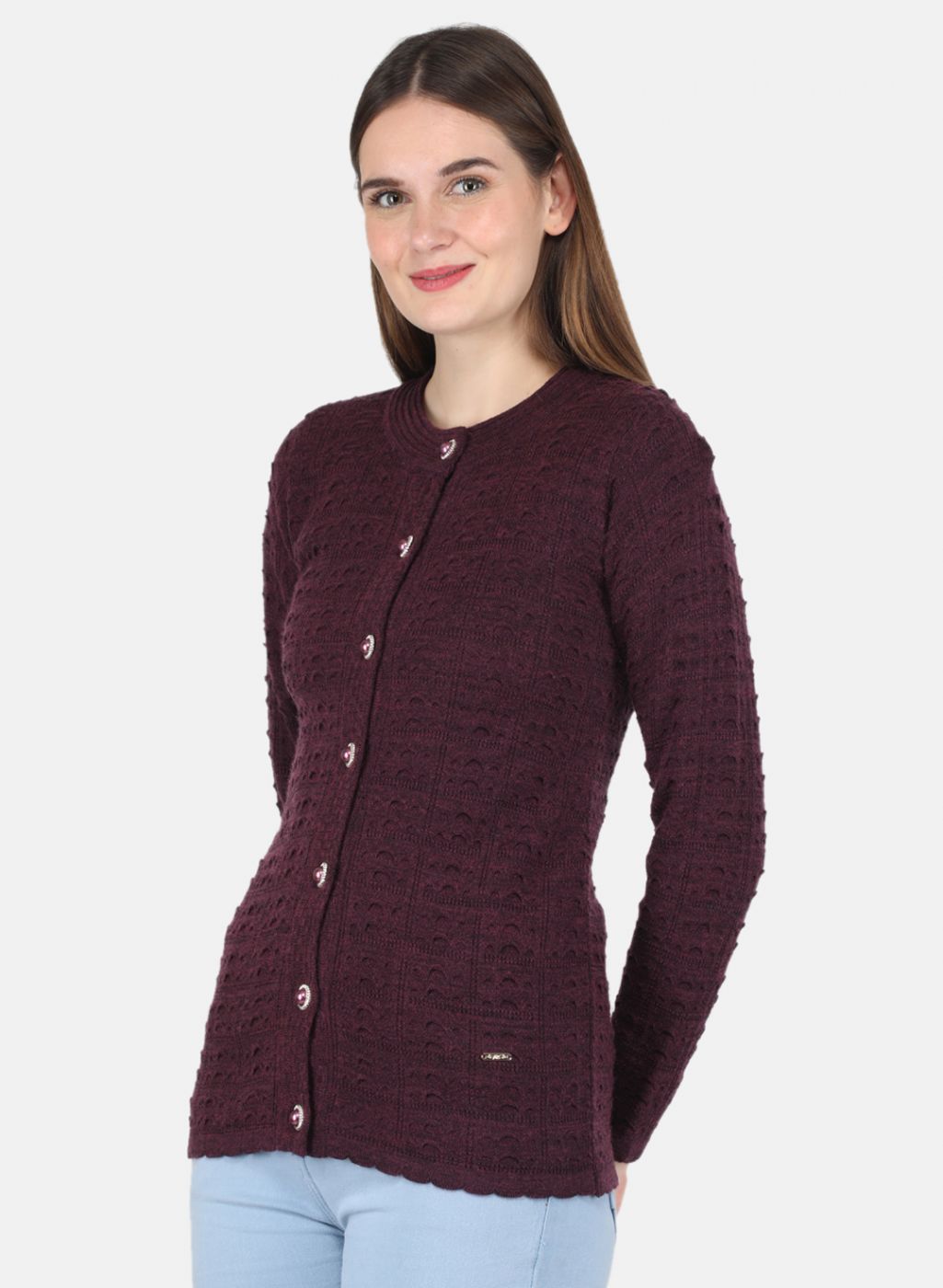 Women Maroon Self design Cardigan